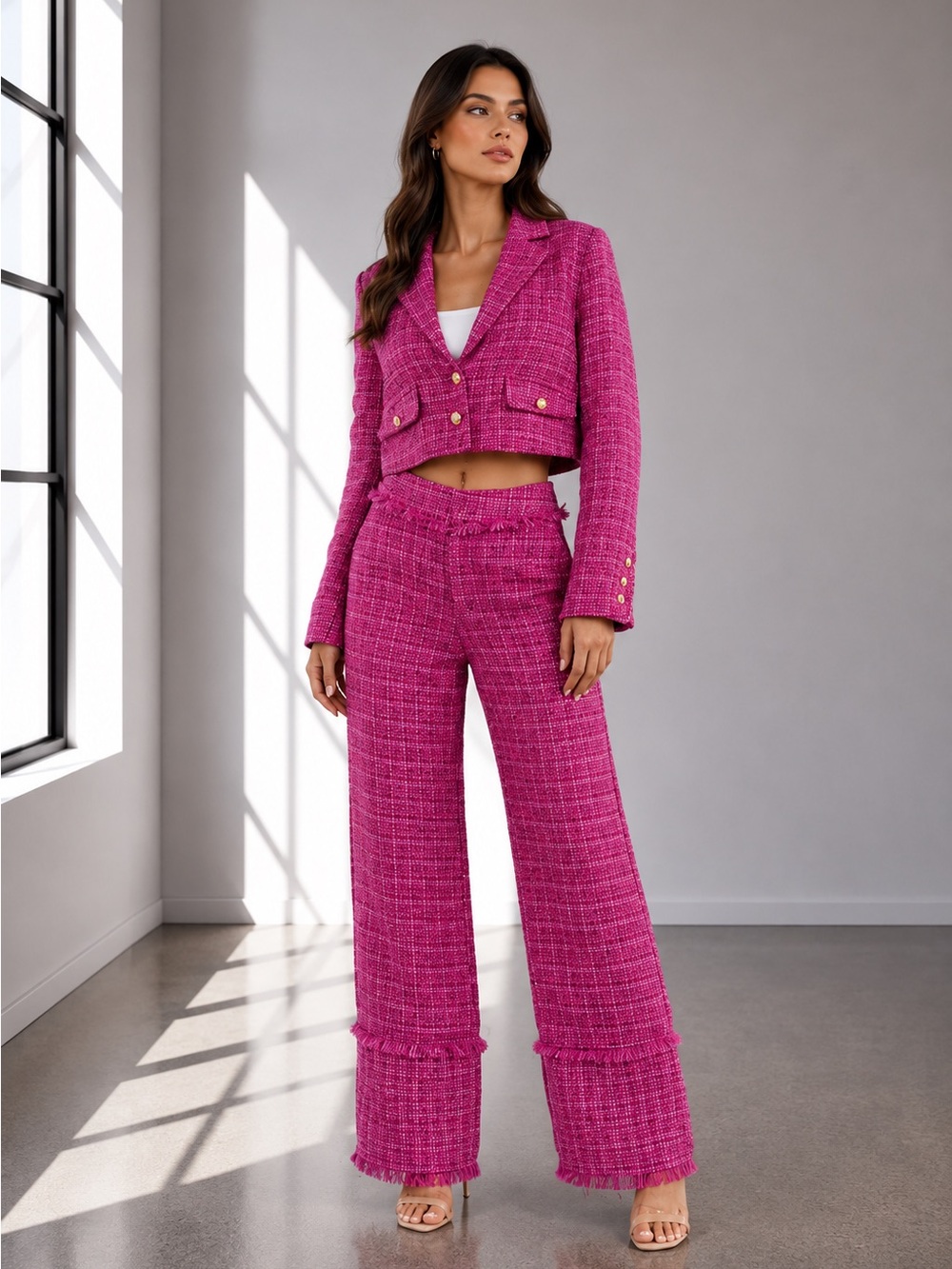 Cropped Fuchsia Tweed Jacket & Wide-Leg Pants Set